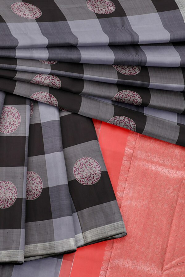 Black and grey saree with orange border - Image 2