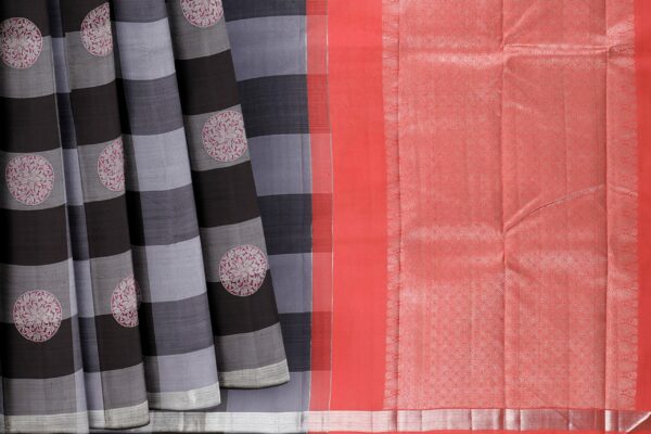 Black and grey saree with orange border - Image 5