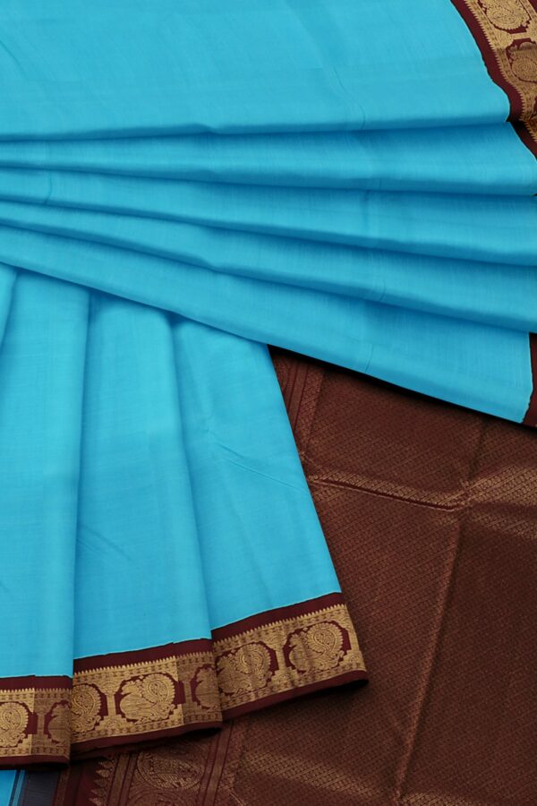 Blue Saree with Brown and Gold Border - Image 2