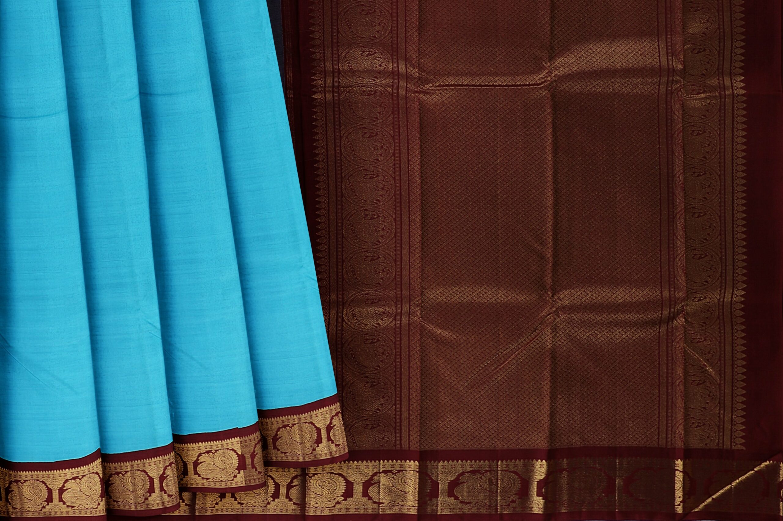 Blue Saree with Brown and Gold Border - Image 5