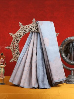 Bluish Grey Saree With Light Brown Border