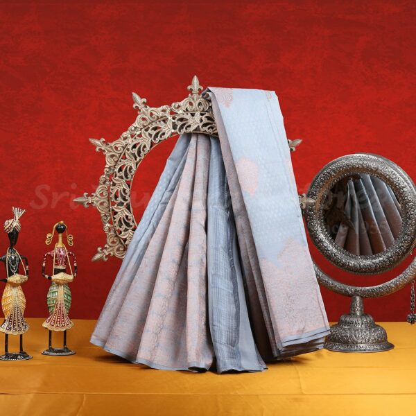 Bluish Grey Saree With Light Brown Border