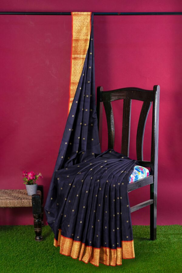 Dark blue saree with orange border - Image 3