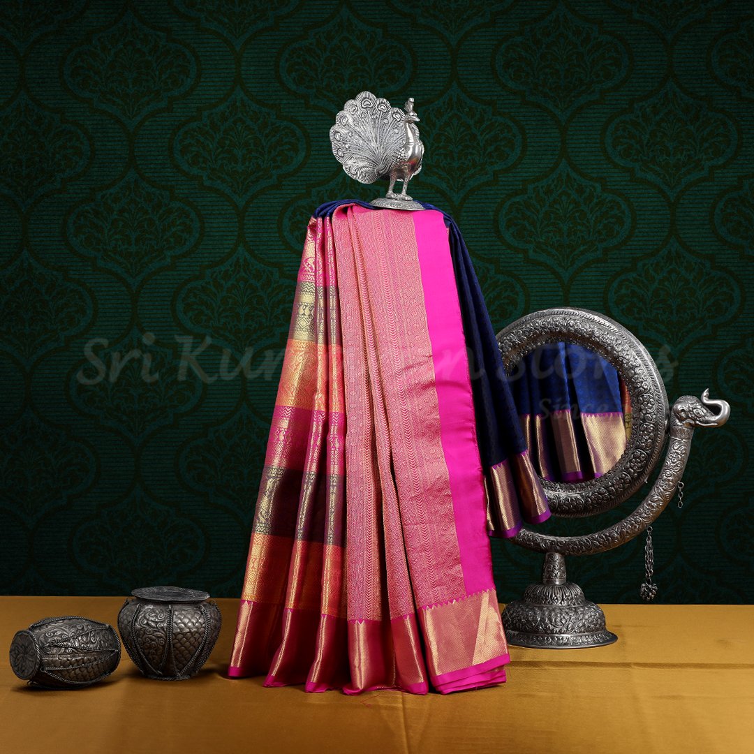 Dark Blue Saree With Pink Border