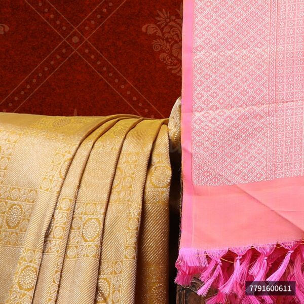 Golden yellow Saree With Baby Pink Border - Image 2