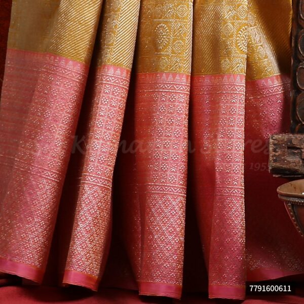 Golden yellow Saree With Baby Pink Border - Image 3