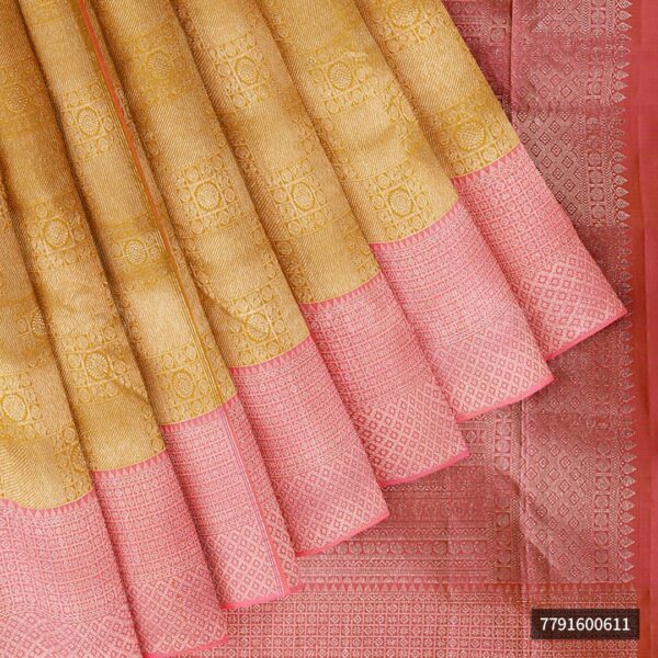 Golden yellow Saree With Baby Pink Border - Image 4