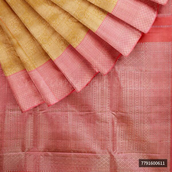 Golden yellow Saree With Baby Pink Border - Image 5