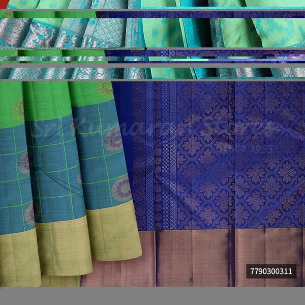 Green Saree With Blue Border - Image 3