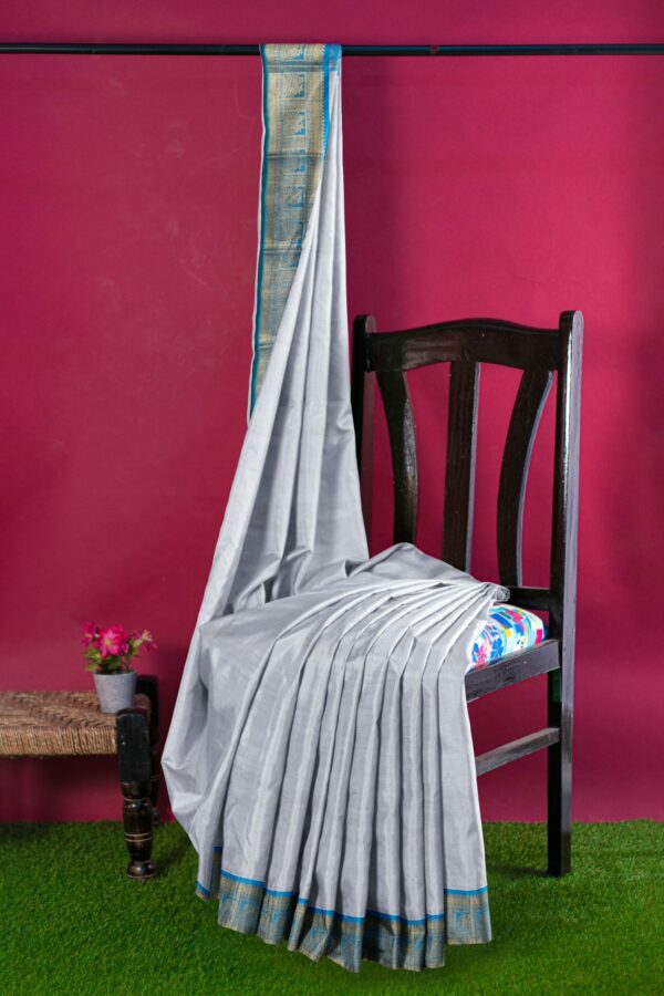 Grey Saree with Blue Border - Image 4