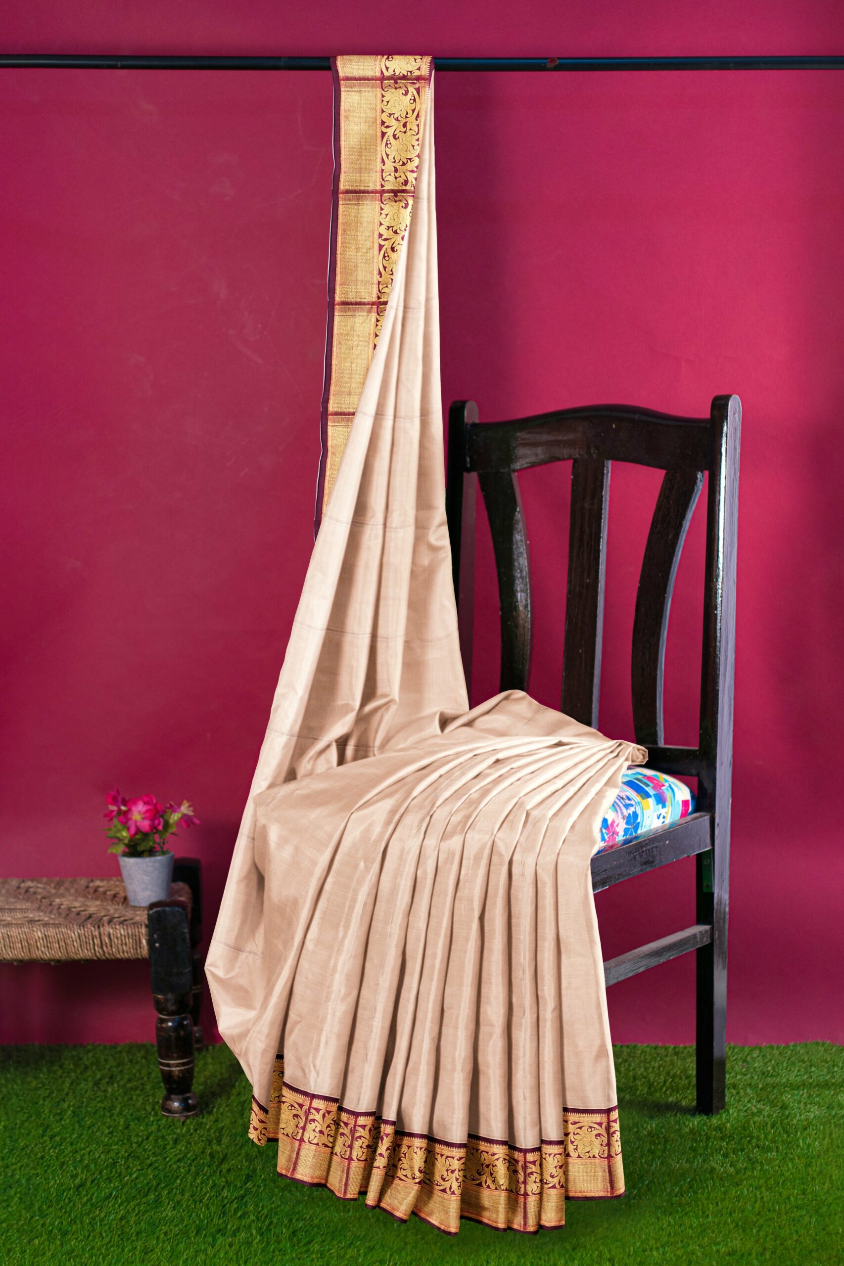 Half White Saree with Maroon Border - Image 3