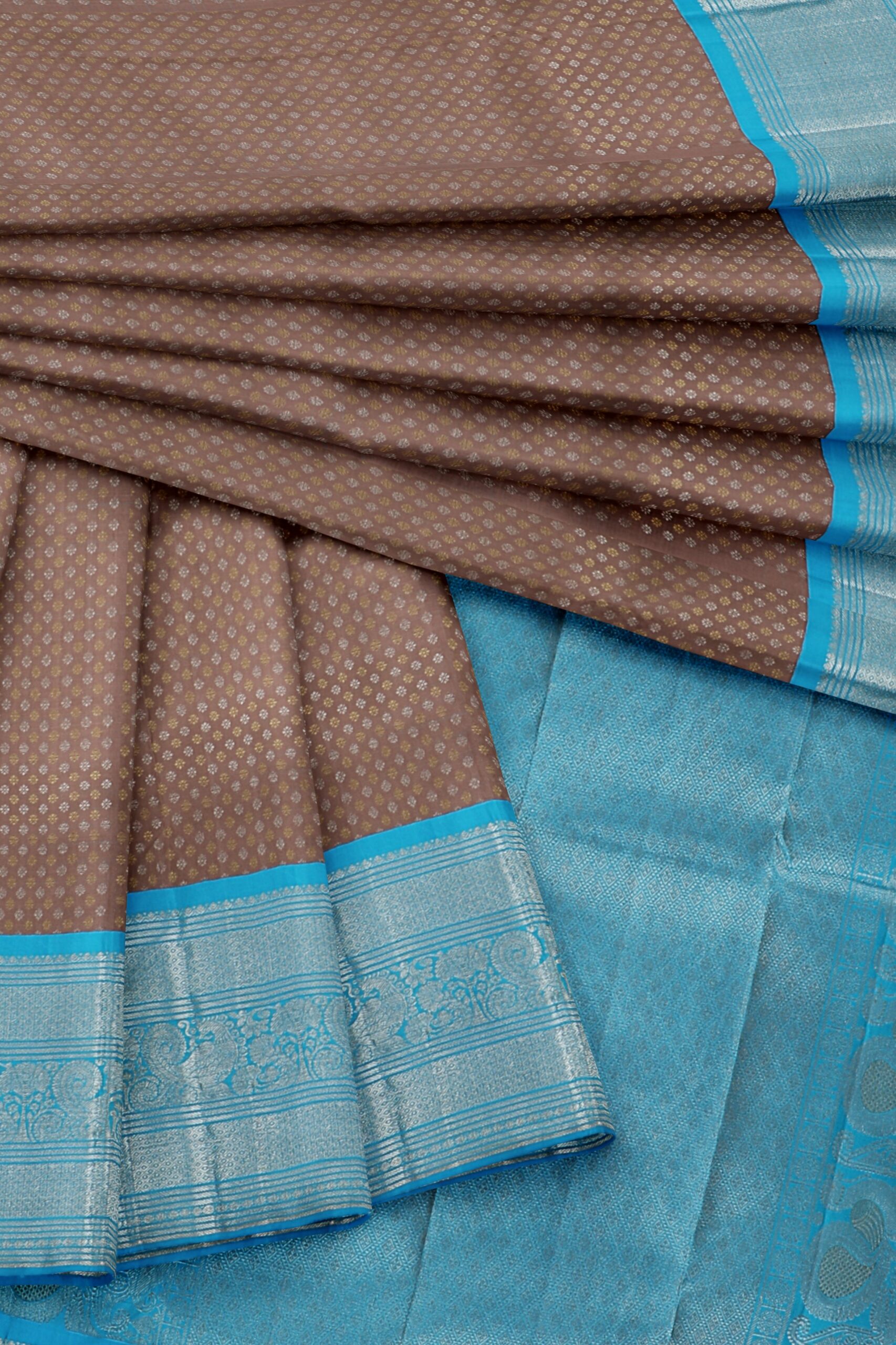 Light brown saree with blue border - Image 2