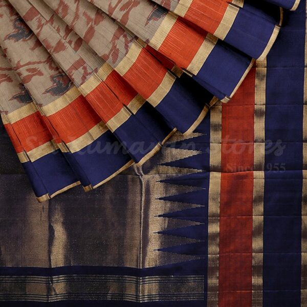 Light Brown Saree With Dark Blue Border - Image 5