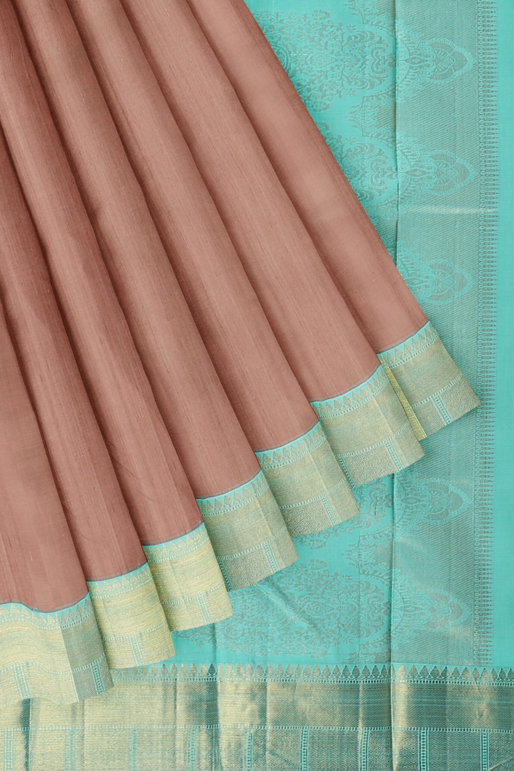 Light Brown saree with Sky Blue Border