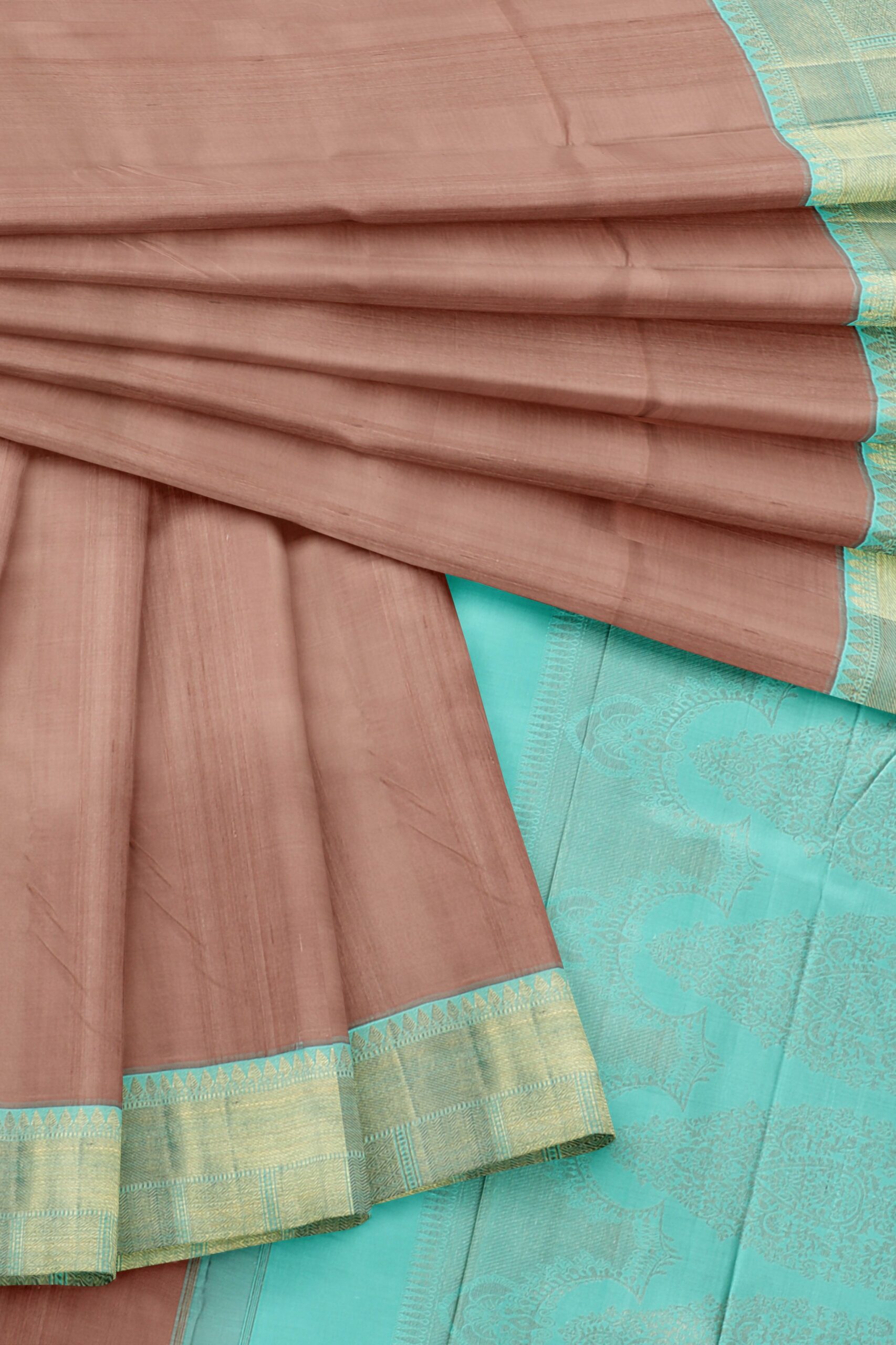 Light Brown saree with Sky Blue Border - Image 2