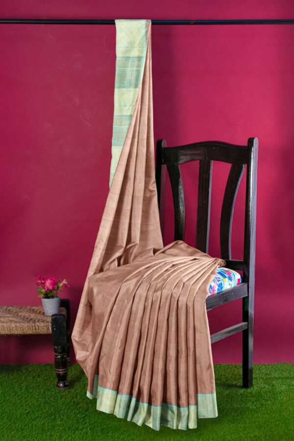 Light Brown saree with Sky Blue Border - Image 3