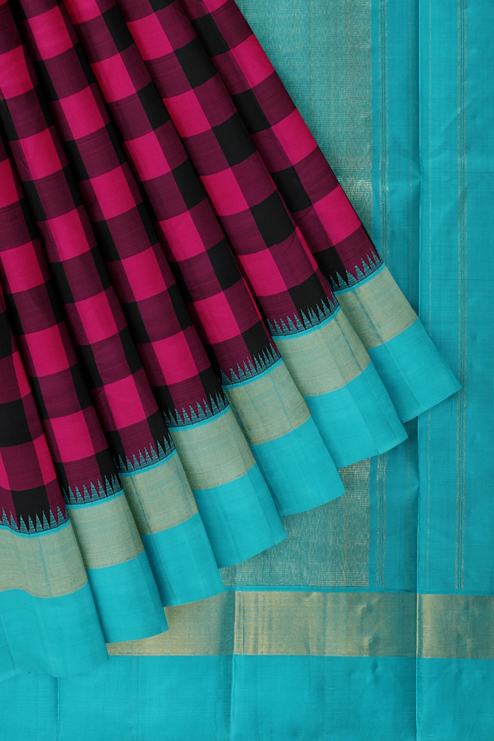 Maroon black saree with Sky Blue border