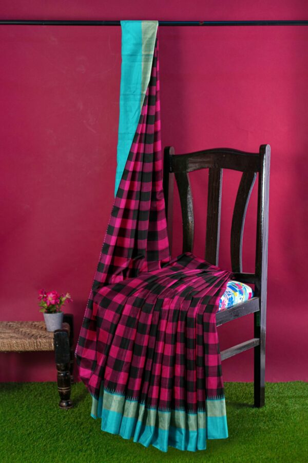 Maroon black saree with Sky Blue border - Image 3