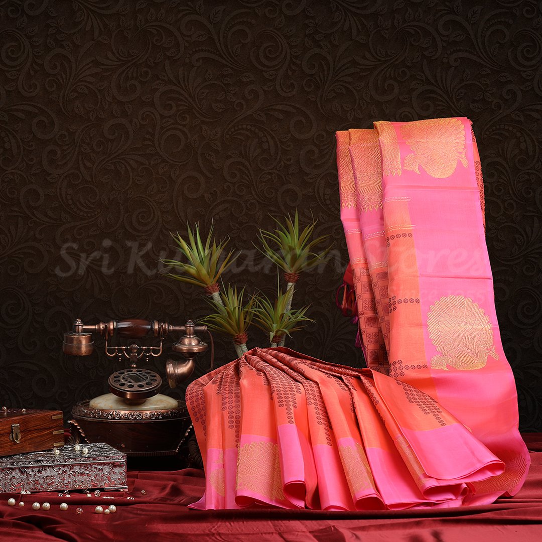 Orange Saree With Baby Pink Border