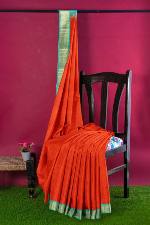 Orange Saree with Torquiose Blue border - Image 5