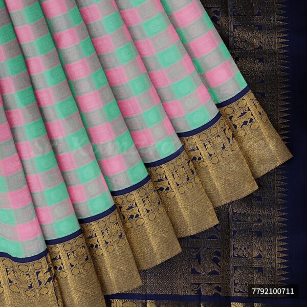 Pink And Green Check Saree With Dark Blue Border - Image 4