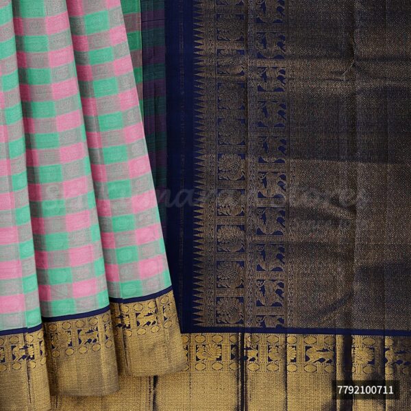 Pink And Green Check Saree With Dark Blue Border - Image 6