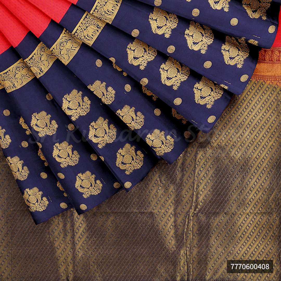 Pink Saree With Dark Blue Border - Image 5