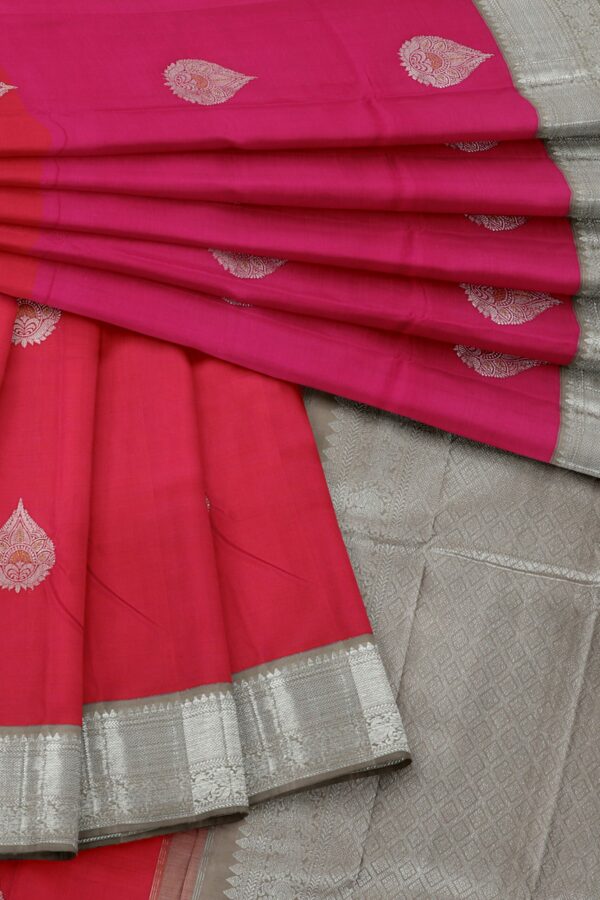 Red and Pink Saree with Silver Border - Image 2