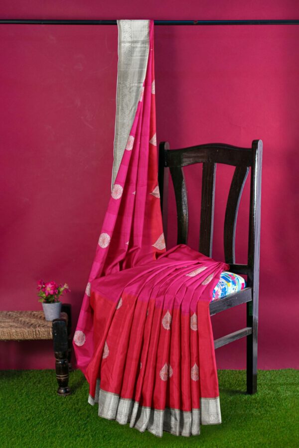 Red and Pink Saree with Silver Border - Image 3