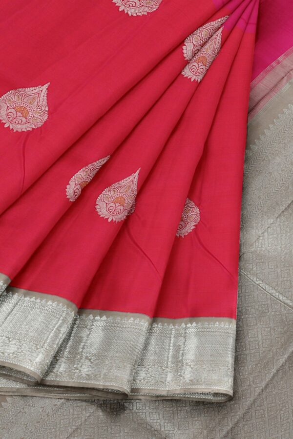 Red and Pink Saree with Silver Border - Image 4