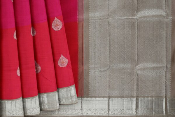 Red and Pink Saree with Silver Border - Image 5