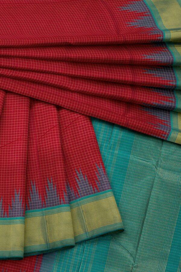 Red Saree with Torquoise Blue Border - Image 2