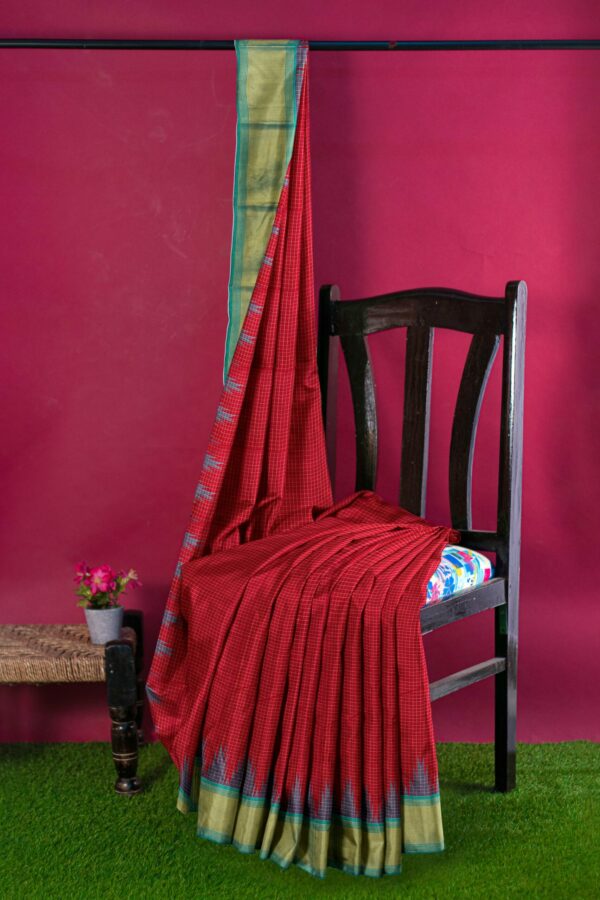 Red Saree with Torquoise Blue Border - Image 3
