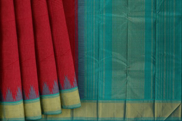 Red Saree with Torquoise Blue Border - Image 5