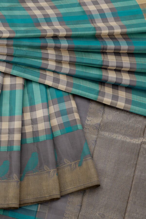 Torqouise Blue saree with Grey Border - Image 2