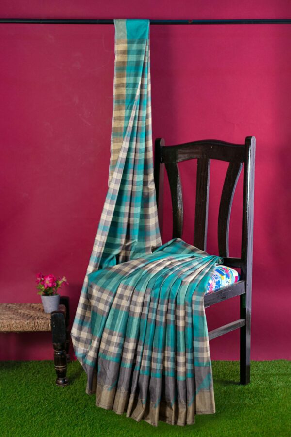 Torqouise Blue saree with Grey Border - Image 3