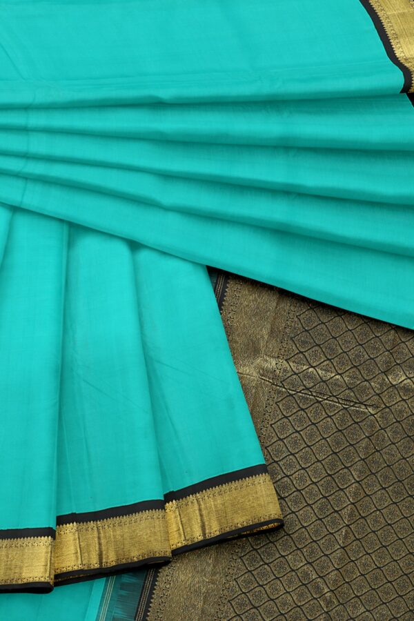 Torquiose Blue saree with Black and Gold border - Image 2