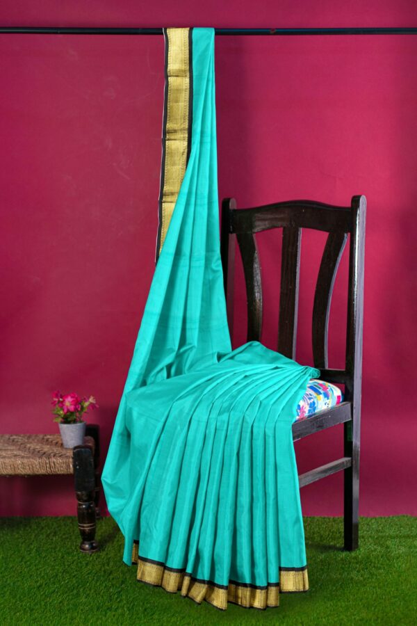 Torquiose Blue saree with Black and Gold border - Image 3