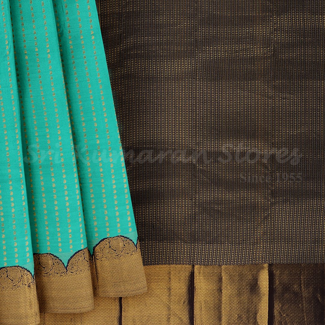 Turquoise Blue Saree With Dark Blue Border - Image 6