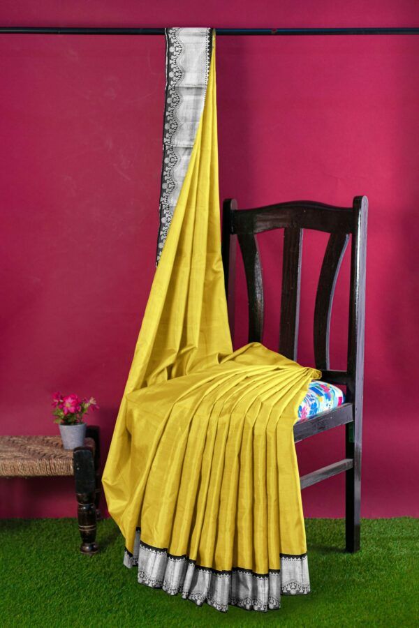 Yellow Saree with Silver Border - Image 3