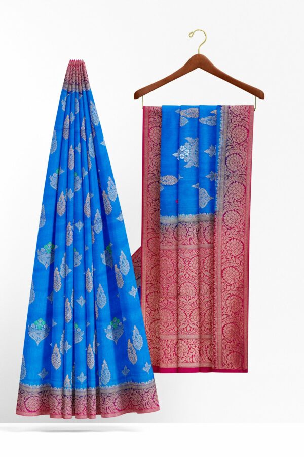 Blue saree with pink border - Image 2
