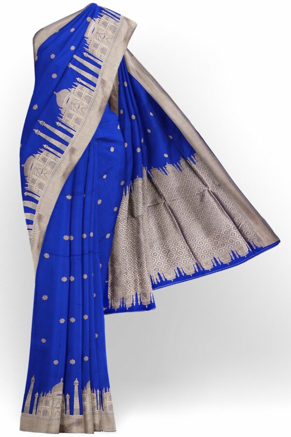 Blue saree with silver colour border