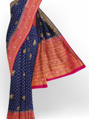 Dark blue saree with golden pink border