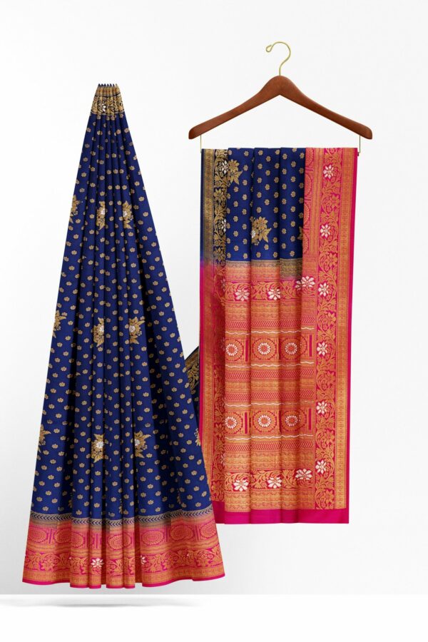 Dark blue saree with golden pink border - Image 2