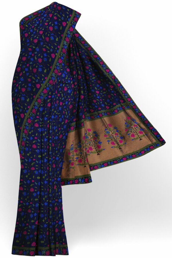 Dark blue saree with green floral border
