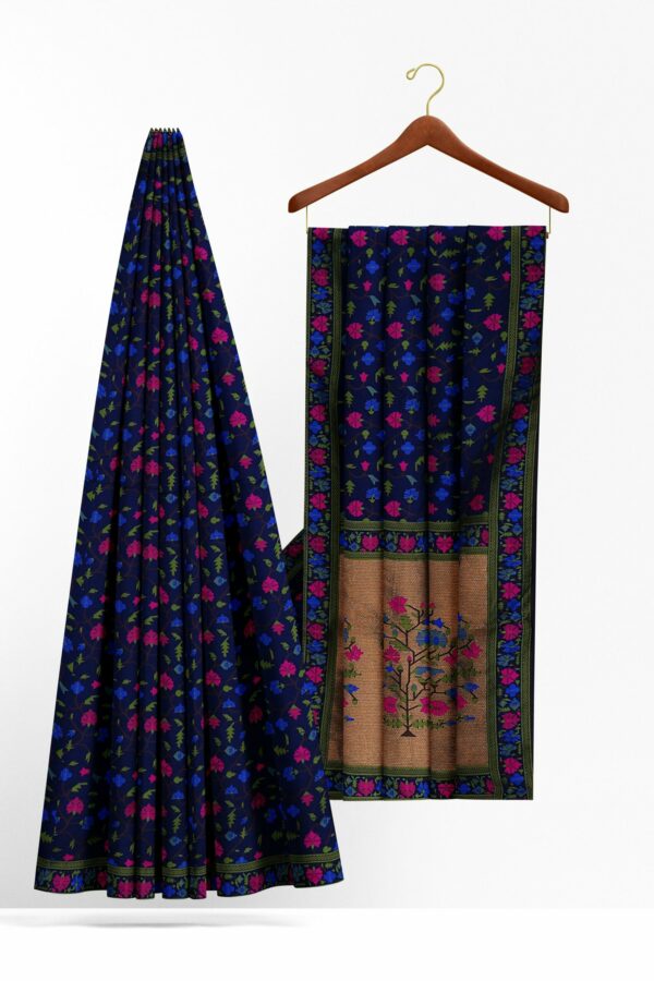 Dark blue saree with green floral border - Image 2