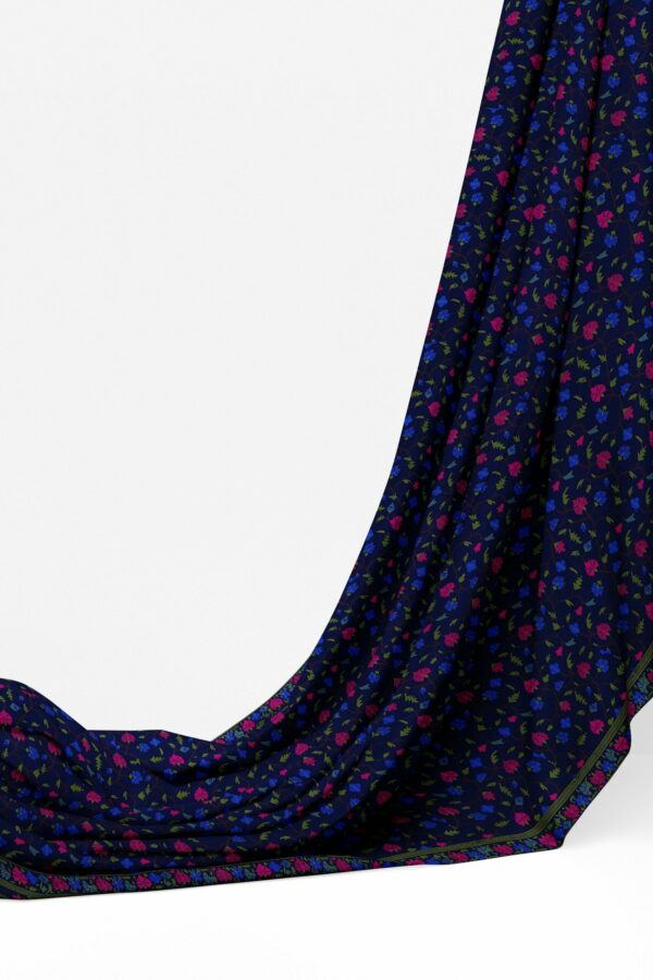 Dark blue saree with green floral border - Image 3
