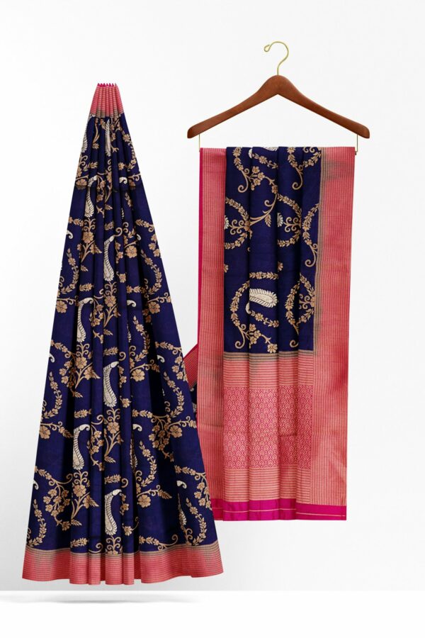 Dark blue saree with pink border - Image 2