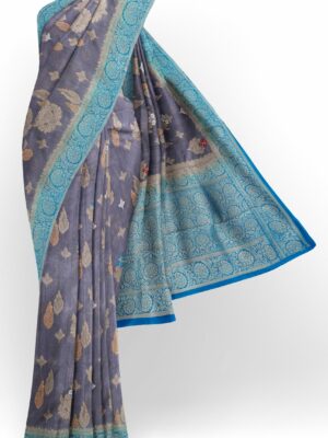 Grey saree with sky blue border