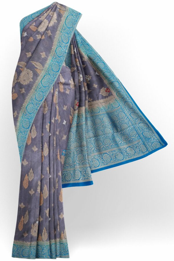 Grey saree with sky blue border